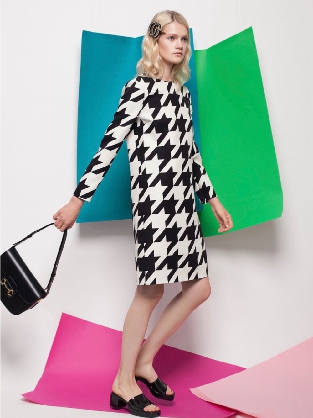 Gucci Black and White Houndstooth Long-Sleeve Shift Dress
